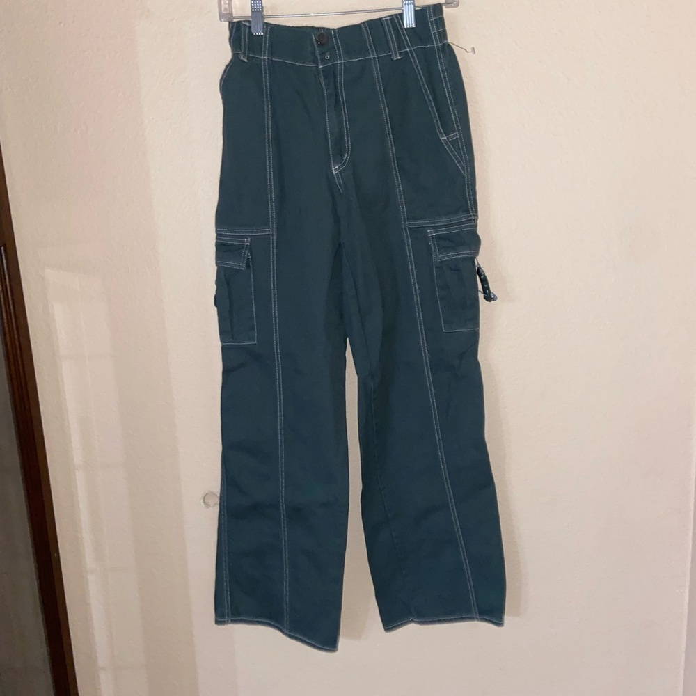 RSQ Green Cargo Pants Wide-Leg Relaxed Fit white lining detail skater y2k jeans
